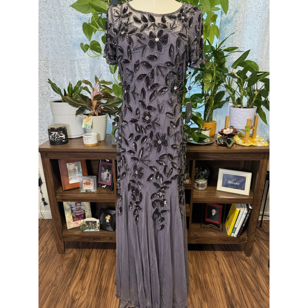Women's Adrianna Papell Beaded Moonscape Maxi Dress US 6 Grey Black - Picture 2 of 13